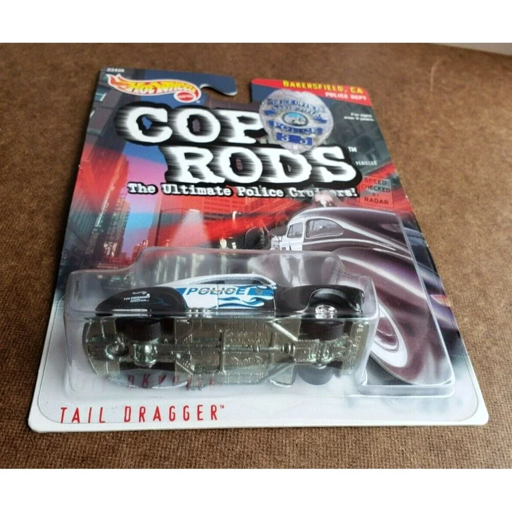 1999 Hot Wheels TAIL DRAGGER White & Back Cop Rods Bakersfield CA Police Cruiser